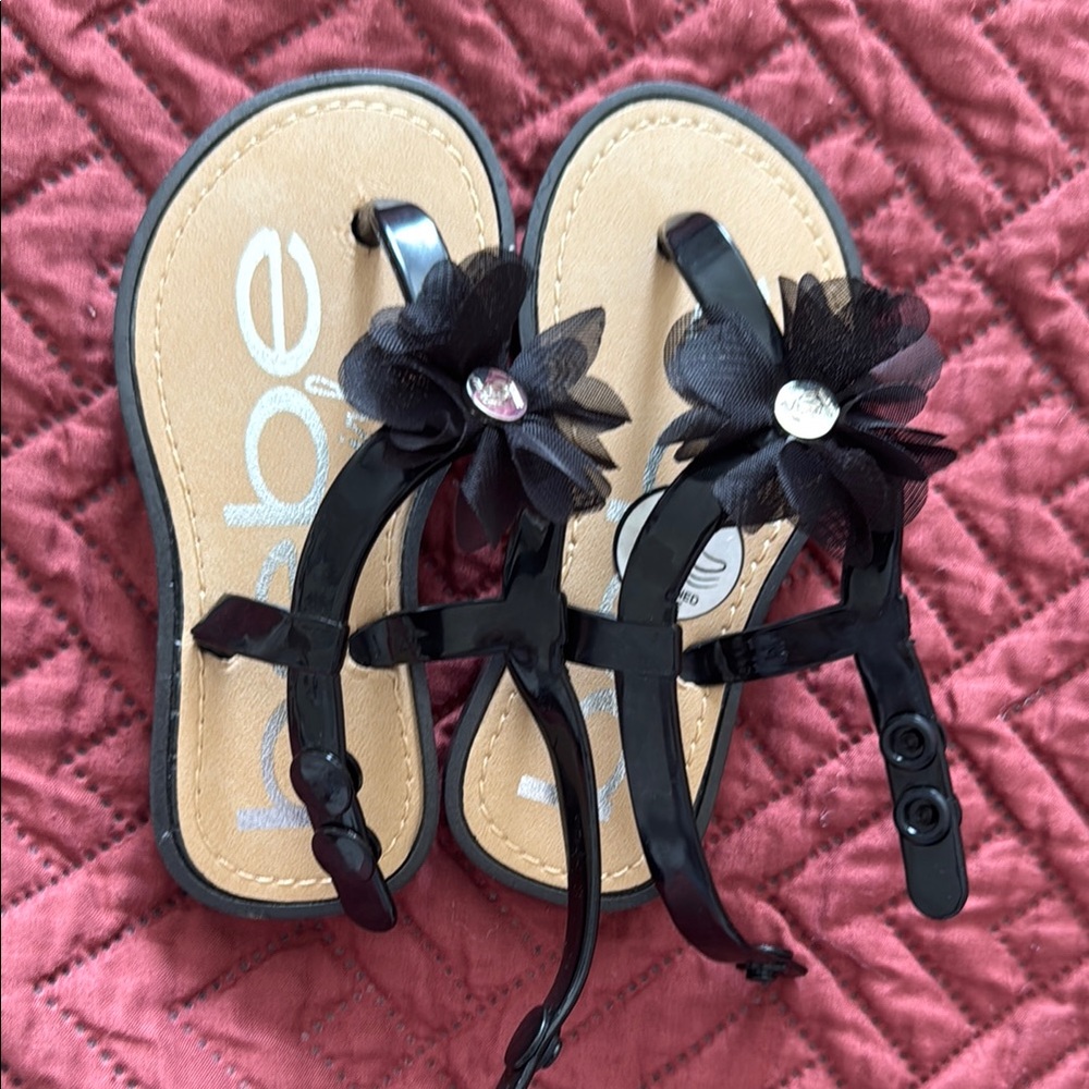 Bebe Black Kids Sandals with Floral Accent